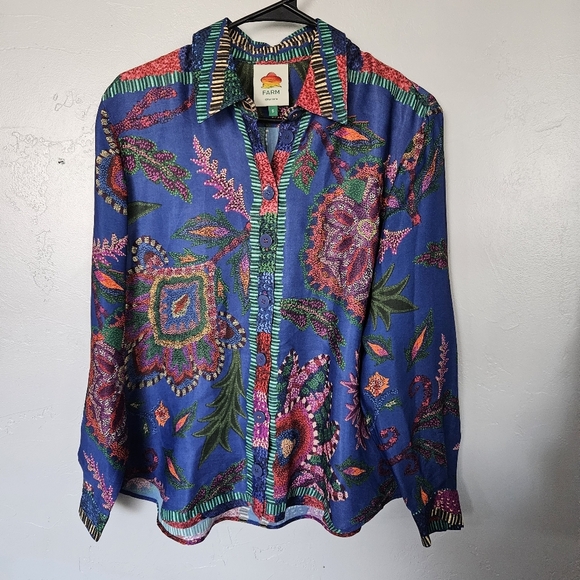 FARM Rio Women's Small Colorful Patterned Blouse Long Sleeve Button Up Viscose - Picture 1 of 9